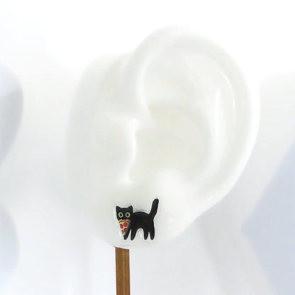 Pizza Cat Earrings, Kawaii Black Cat Earrings, Funny Cat Gift
