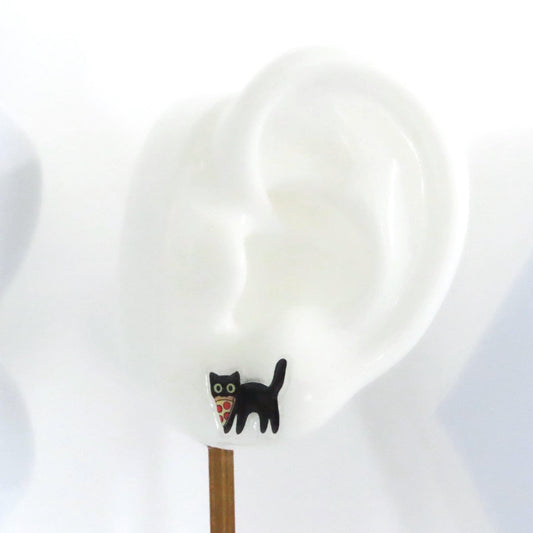 Pizza Cat Earrings, Kawaii Black Cat Earrings, Funny Cat Gift