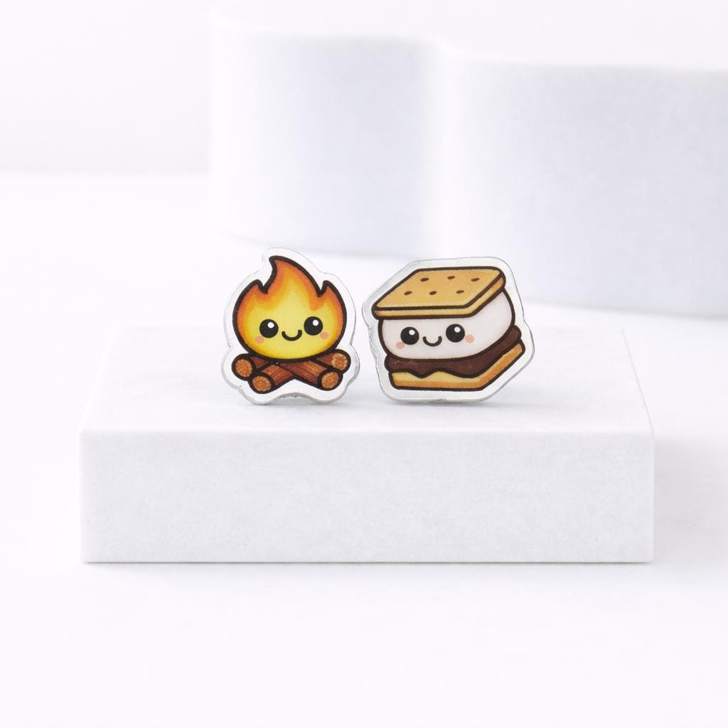 Smores Campfire Earrings, Titanium Posts, Food Jewelry, Kawaii Earrings