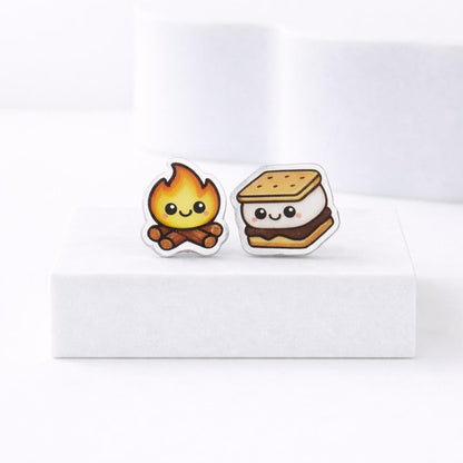 Smores Campfire Earrings, Titanium Posts, Food Jewelry, Kawaii Earrings