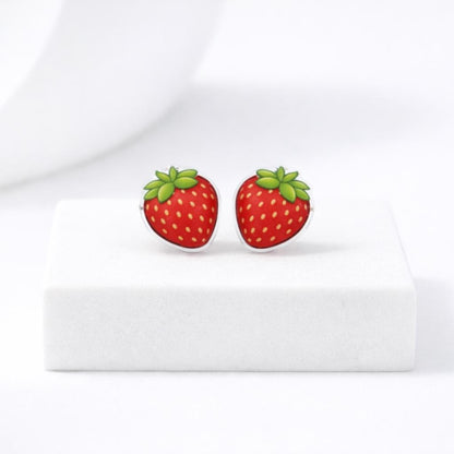 Strawberry Fruit Earrings, Summer Fruit Jewelry, Titanium Posts Hypoallergenic