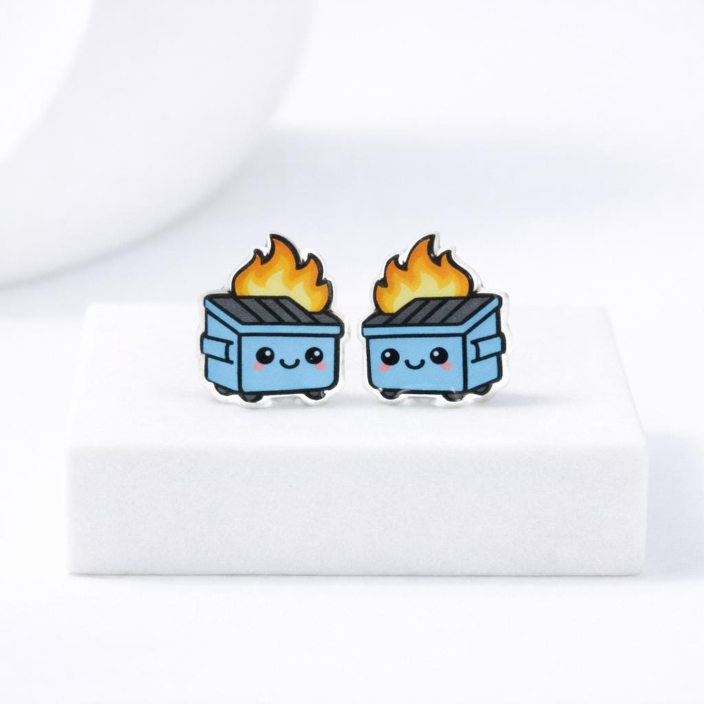 DUMPSTER FIRE Earrings, Kawaii Funny Earrings, Titanium Posts Hypoallergenic for Sensitive Ears