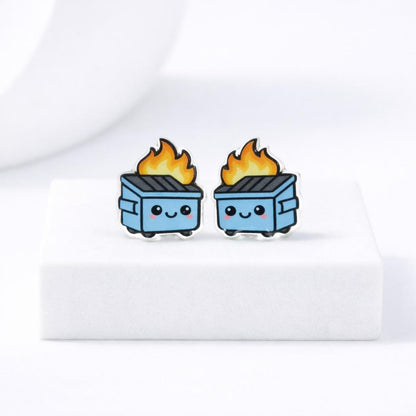 DUMPSTER FIRE Earrings, Kawaii Funny Earrings, Titanium Posts Hypoallergenic for Sensitive Ears