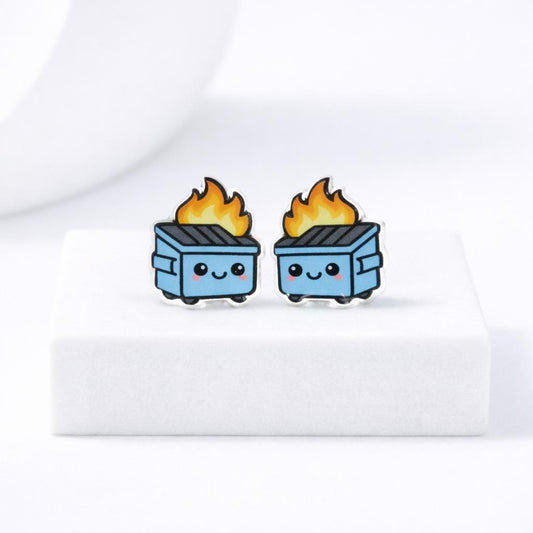 DUMPSTER FIRE Earrings, Kawaii Funny Earrings, Titanium Posts Hypoallergenic for Sensitive Ears