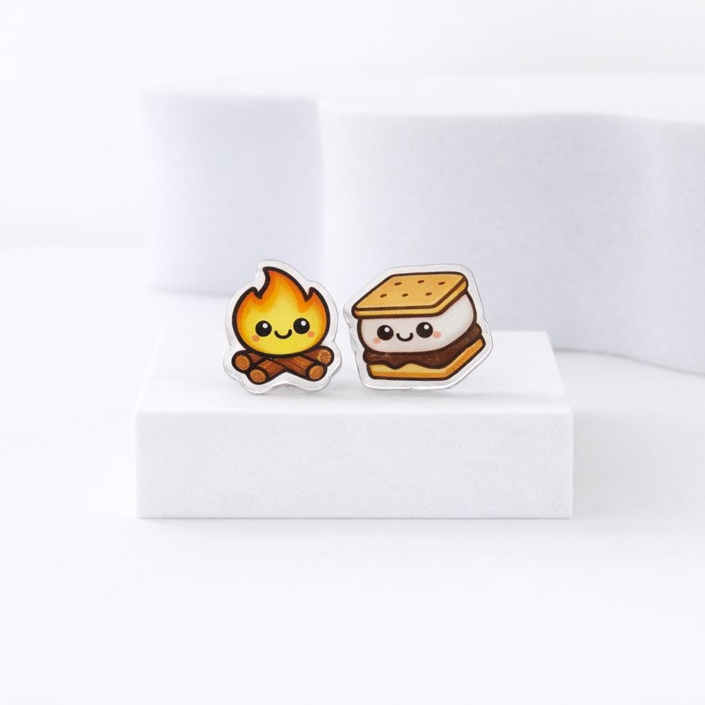 Smores Campfire Earrings, Titanium Posts, Food Jewelry, Kawaii Earrings