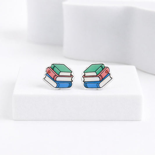 Book Stack Earrings, Bookish Reader Gift, Librarian Jewelry, Titanium Posts