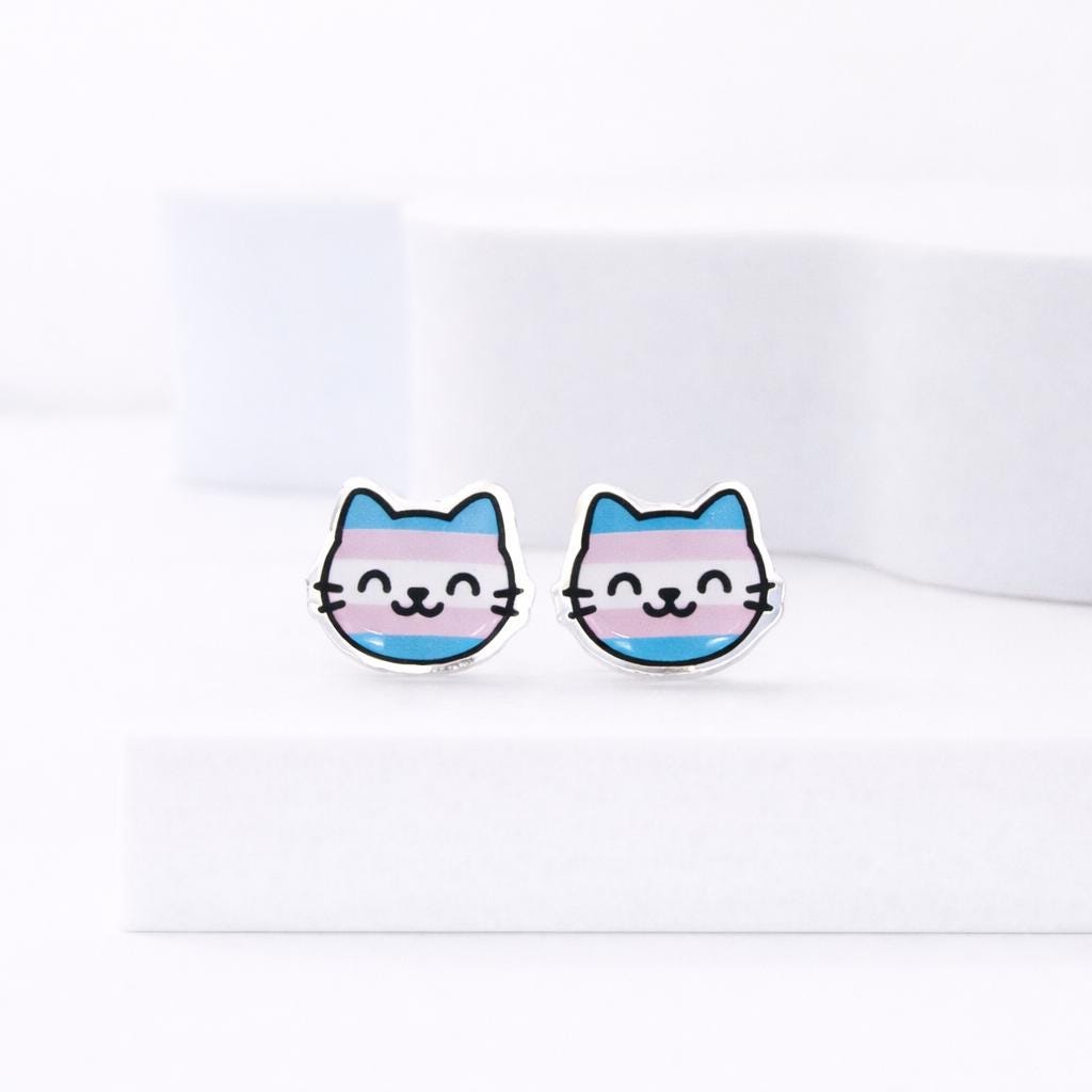 Trans Pride Cat Earrings · Kawaii LGBTQ Earrings · Cute Cat Studs · Hypoallergenic  · Pride Jewelry Gift