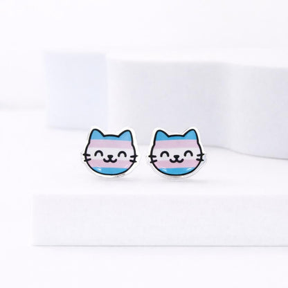 Trans Pride Cat Earrings · Kawaii LGBTQ Earrings · Cute Cat Studs · Hypoallergenic  · Pride Jewelry Gift