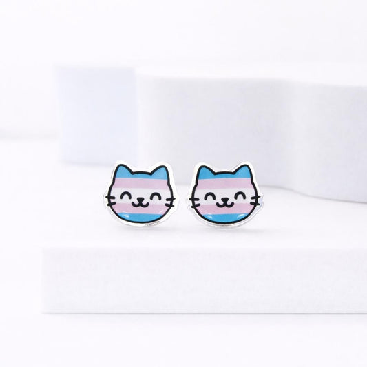 Trans Pride Cat Earrings · Kawaii LGBTQ Earrings · Cute Cat Studs · Hypoallergenic  · Pride Jewelry Gift