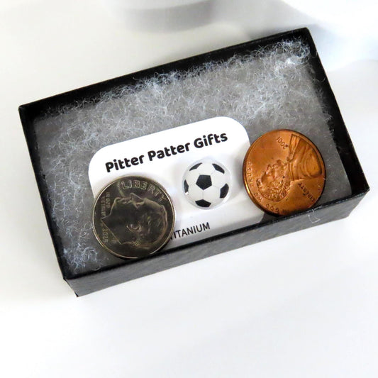 Soccer Ball Stud Earrings, Hypoallergenic Titanium Posts, Acrylic Sports Jewelry