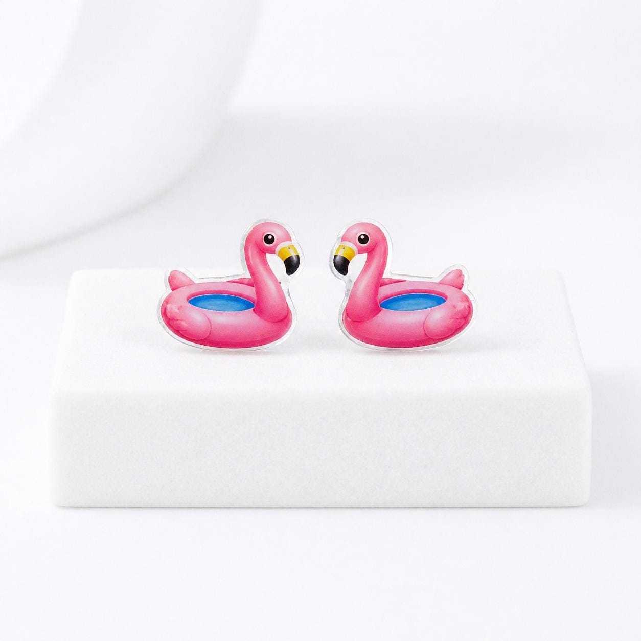 Flamingo Pool Float Earrings, Hypoallergenic Titanium Posts, Summer Fun Studs