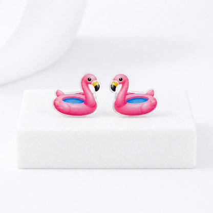 Flamingo Pool Float Earrings, Hypoallergenic Titanium Posts, Summer Fun Studs