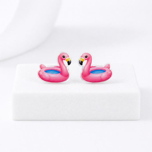 Flamingo Pool Float Earrings, Hypoallergenic Titanium Posts, Summer Fun Studs