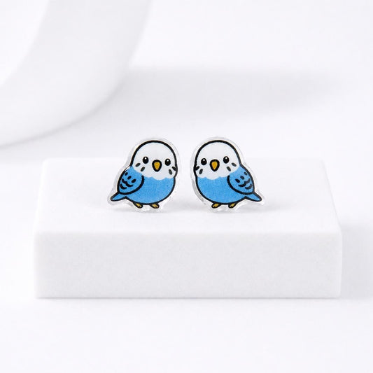 Blue Parakeet Earrings · Budgie Bird Studs · Pet Parakeet Gift · Cute Bird Earrings · Titanium Earrings · Gift for Parakeet Owner