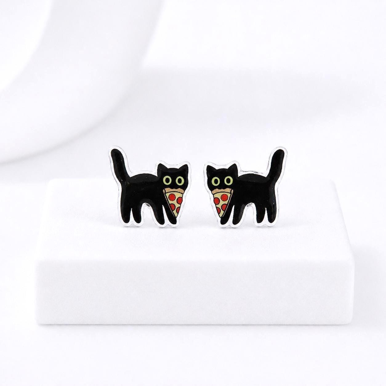 Pizza Cat Earrings, Kawaii Black Cat Earrings, Funny Cat Gift