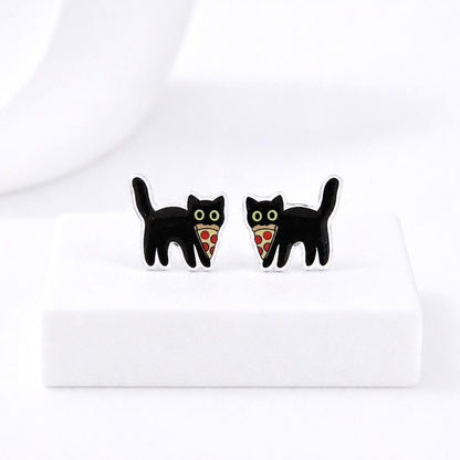 Pizza Cat Earrings, Kawaii Black Cat Earrings, Funny Cat Gift