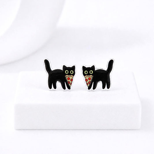 Pizza Cat Earrings, Kawaii Black Cat Earrings, Funny Cat Gift
