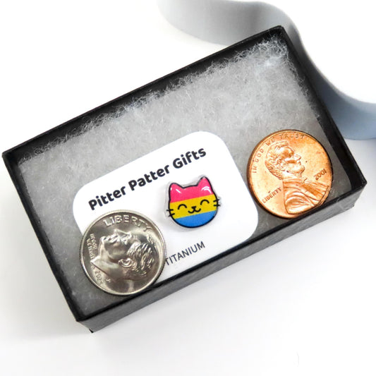 Pan Pride Cat Earrings, Titanium Posts, LGBTQ+ Jewelry