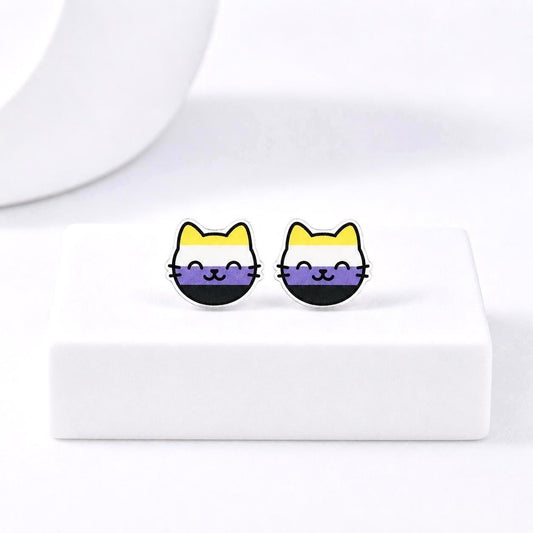 Nonbinary Pride Cat Earrings, LGBTQ Jewelry,  Hypoallergenic Titanium Posts