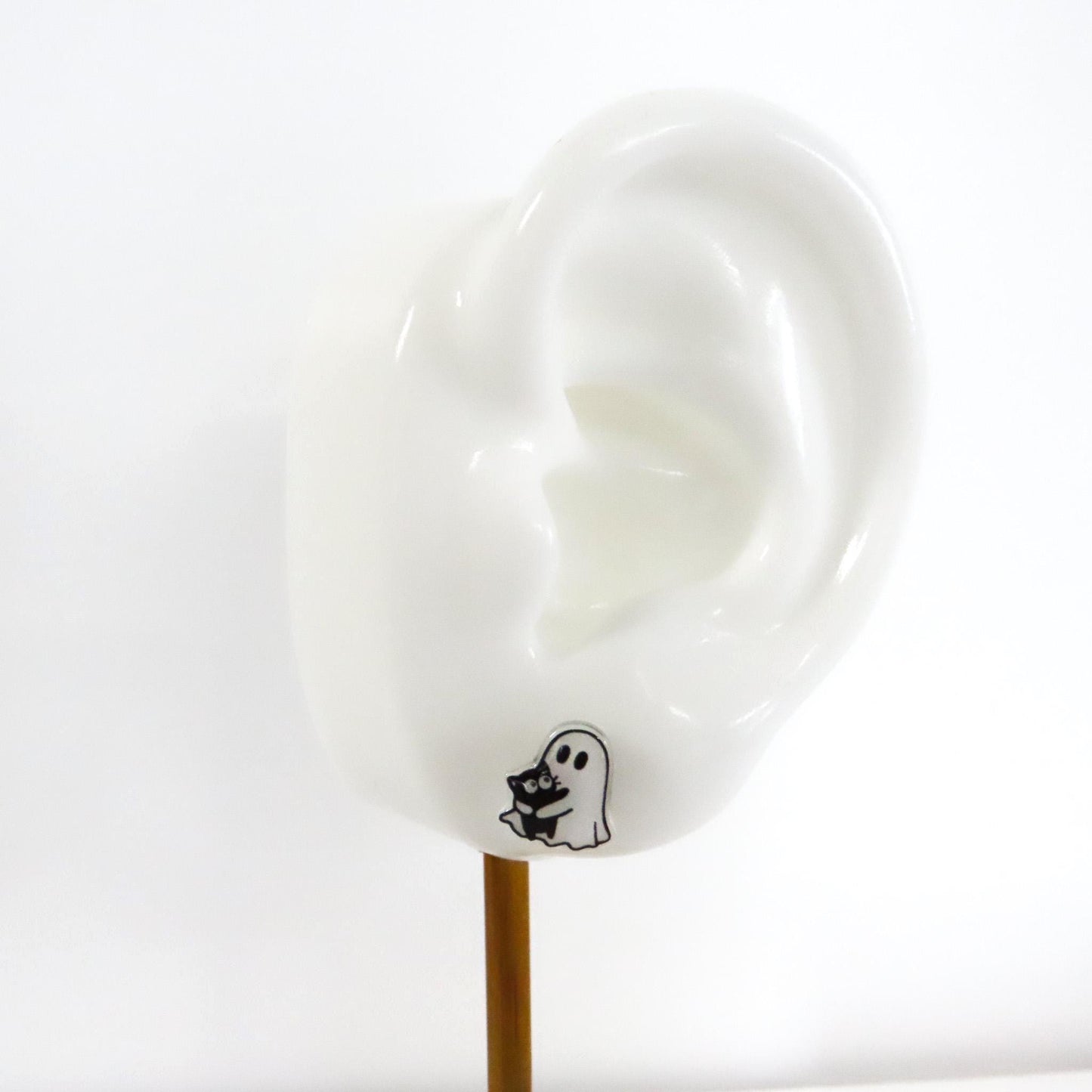 GHOST HOLDING CAT Earrings, Halloween Earrings, Cute Black Cat Earrings, Hypoallergenic Titanium Posts