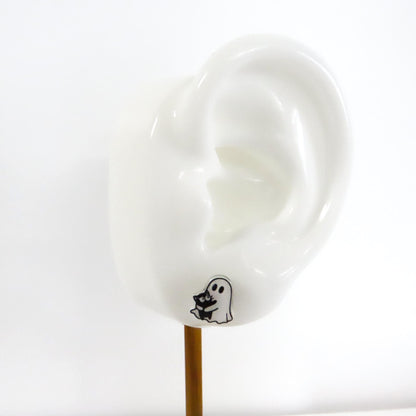 GHOST HOLDING CAT Earrings, Halloween Earrings, Cute Black Cat Earrings, Hypoallergenic Titanium Posts