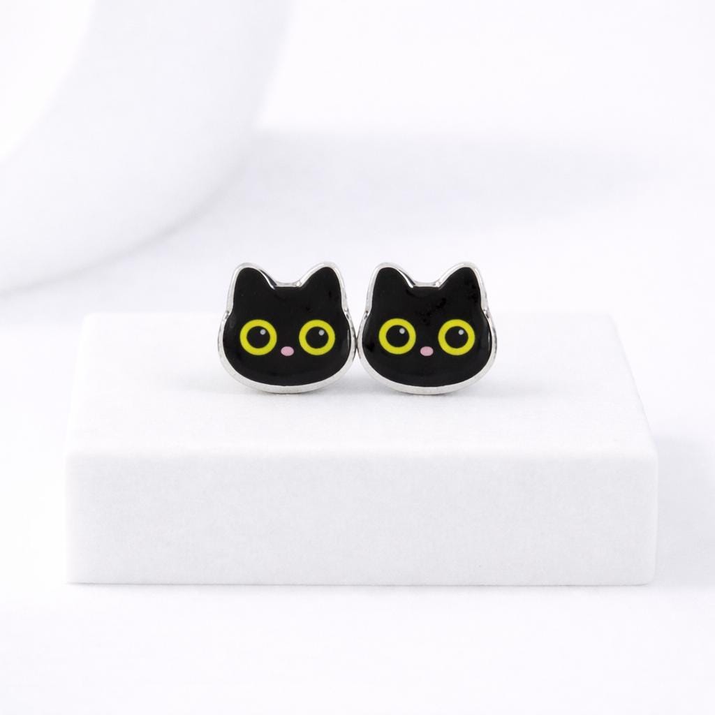 Black Cat Earrings, Lightweight Acrylic Studs with Hypoallergenic Titanium Posts for Sensitive Ears