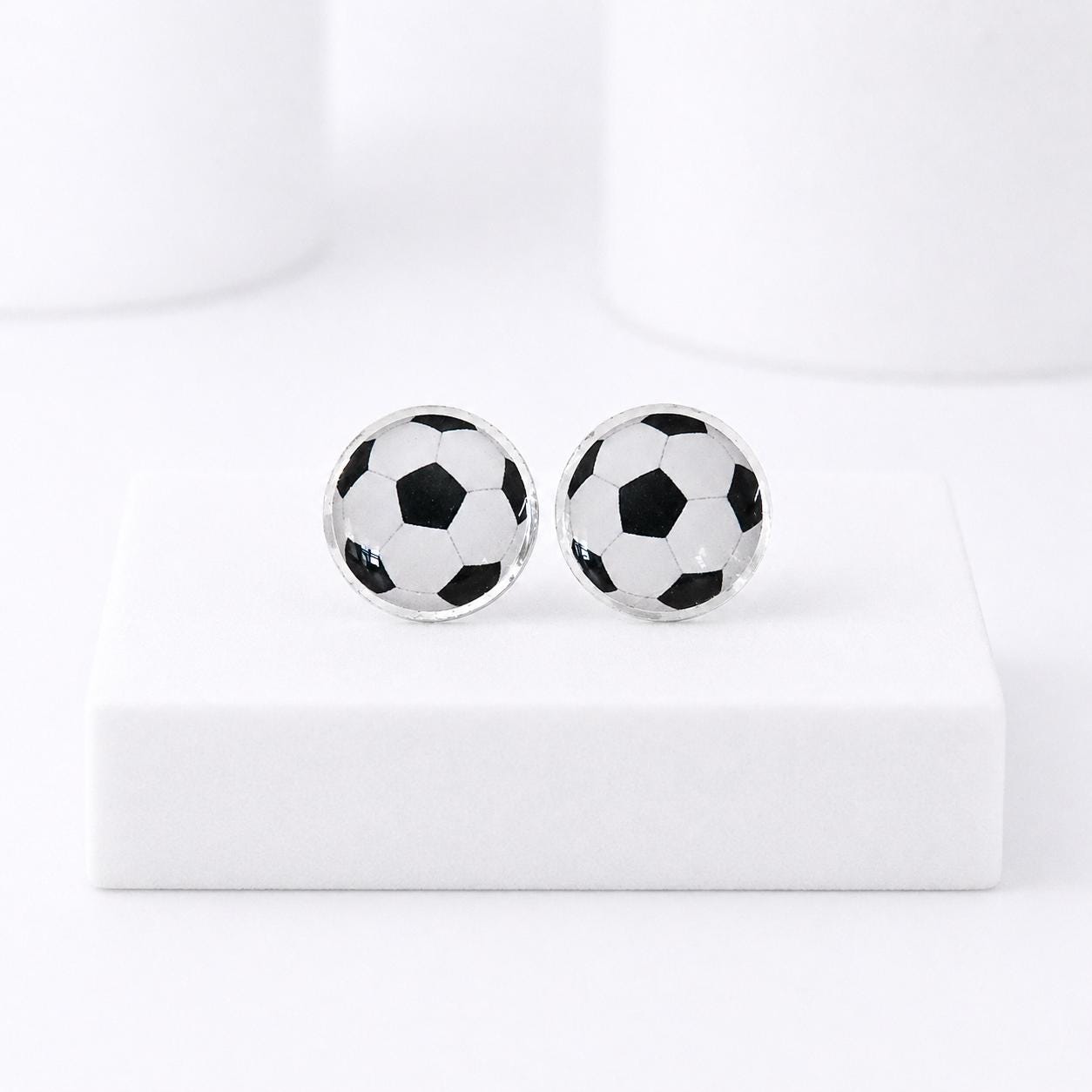 Soccer Ball Stud Earrings, Hypoallergenic Titanium Posts, Acrylic Sports Jewelry