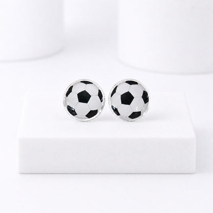 Soccer Ball Stud Earrings, Hypoallergenic Titanium Posts, Acrylic Sports Jewelry