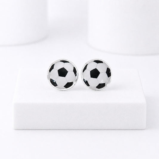 Soccer Ball Stud Earrings, Hypoallergenic Titanium Posts, Acrylic Sports Jewelry