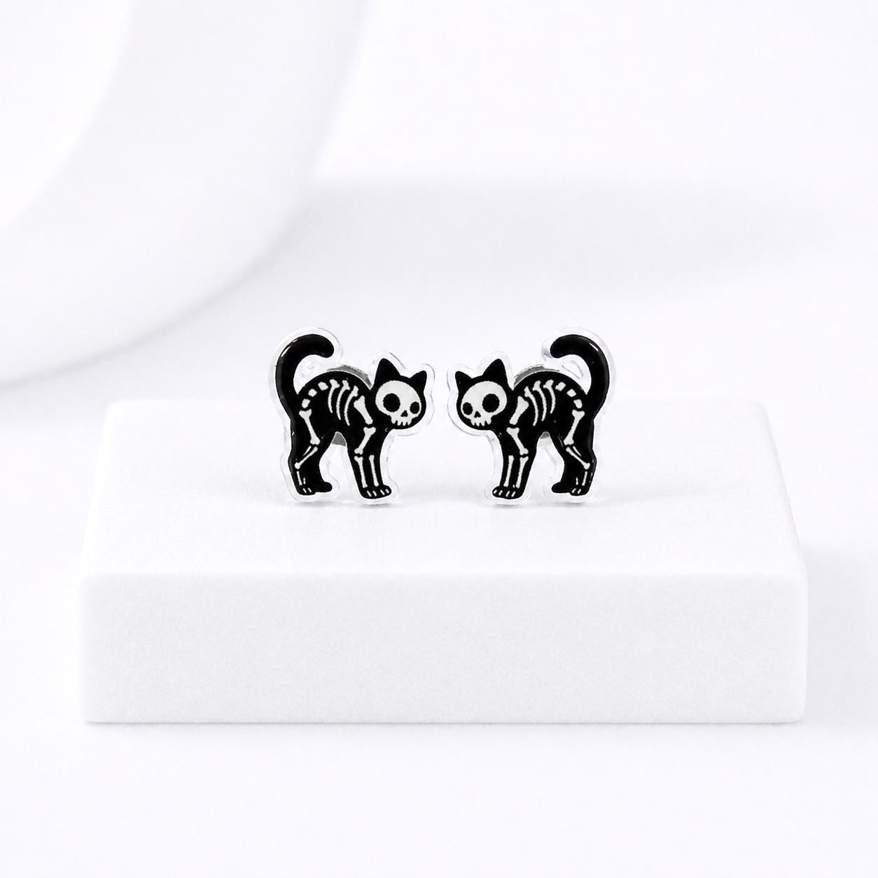 Arched Black Cat Earrings, Skeleton Cat Halloween Studs, Spooky Cute Jewelry