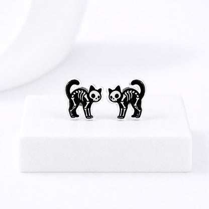Arched Black Cat Earrings, Skeleton Cat Halloween Studs, Spooky Cute Jewelry