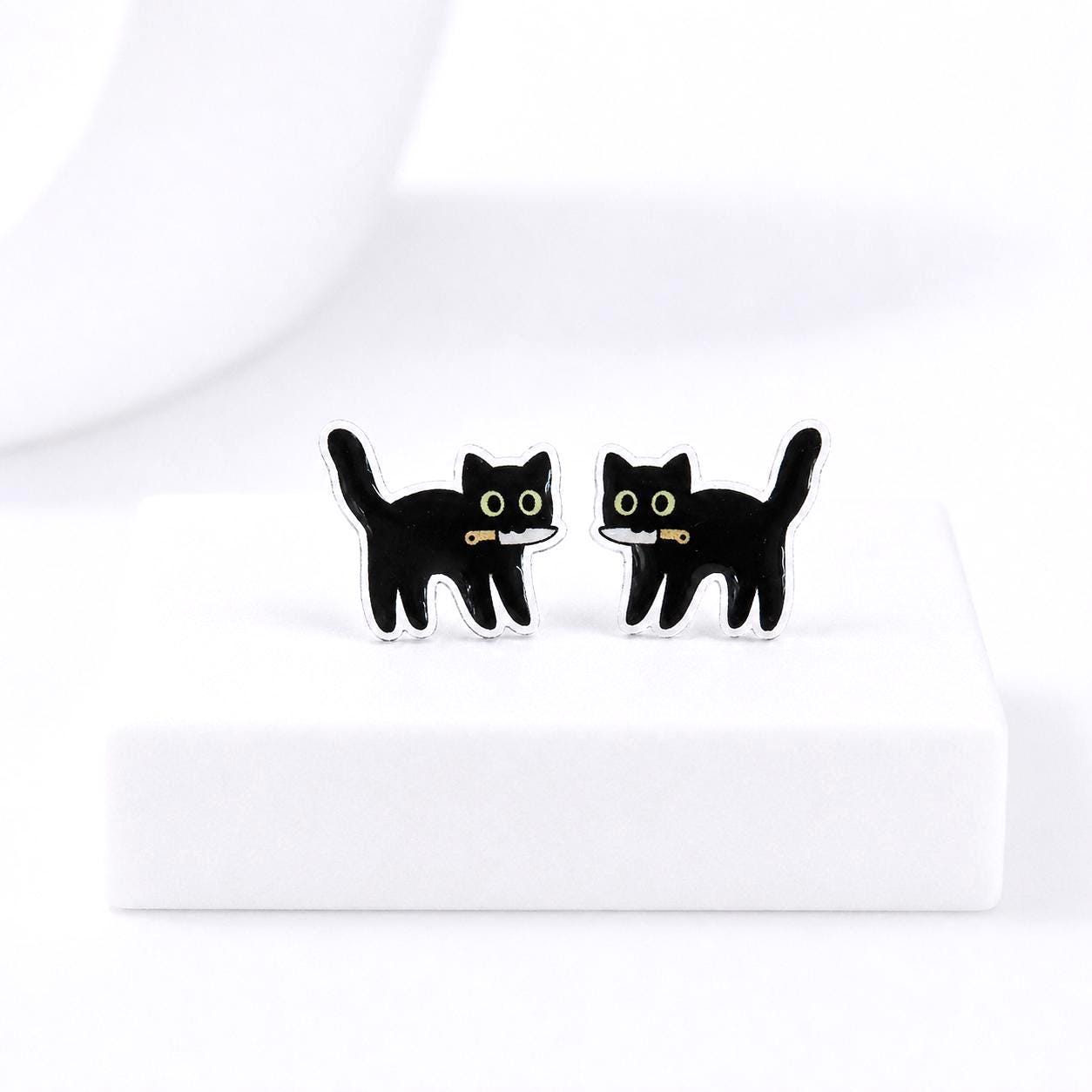 Black Cat with Knife Earrings, Quirky Earrings, Funny Cat Gift, Titanium Posts