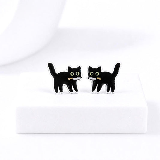 Black Cat with Knife Earrings, Quirky Earrings, Funny Cat Gift, Titanium Posts