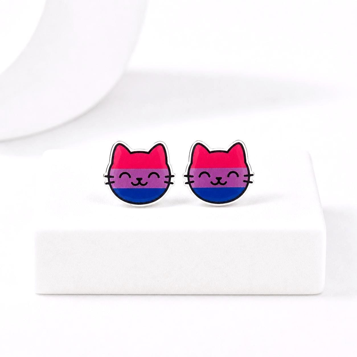 Bi Pride Earrings · LGBTQ+ Jewelry, Kawaii Cat Earrings, Hypoallergenic Titanium Posts