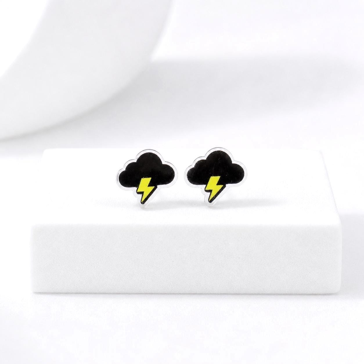 Black Cloud Earrings, Lightning Bolt Studs, Minimalist Jewelry, Weather Gift, Unisex Studs