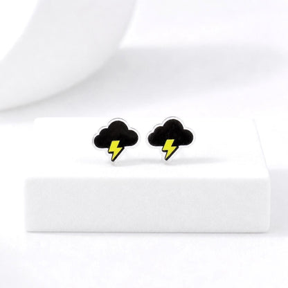 Black Cloud Earrings, Lightning Bolt Studs, Minimalist Jewelry, Weather Gift, Unisex Studs