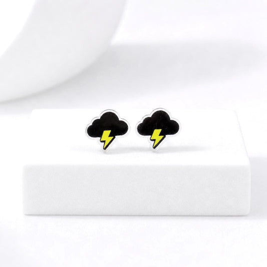 Black Cloud Earrings, Lightning Bolt Studs, Minimalist Jewelry, Weather Gift, Unisex Studs