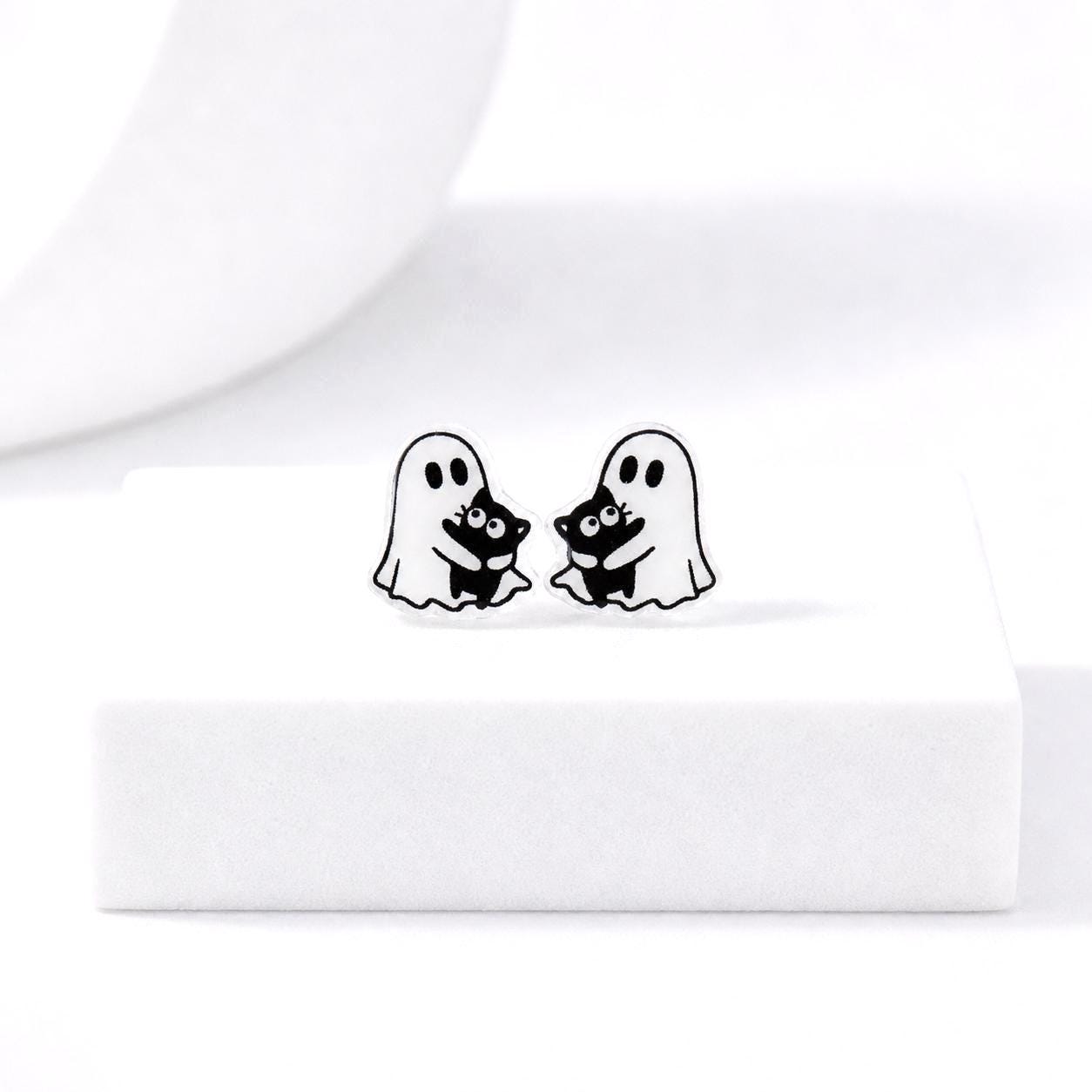 GHOST HOLDING CAT Earrings, Halloween Earrings, Cute Black Cat Earrings, Hypoallergenic Titanium Posts