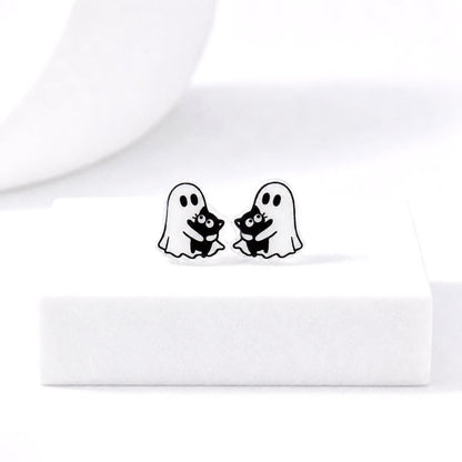 GHOST HOLDING CAT Earrings, Halloween Earrings, Cute Black Cat Earrings, Hypoallergenic Titanium Posts