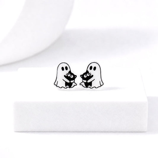 GHOST HOLDING CAT Earrings, Halloween Earrings, Cute Black Cat Earrings, Hypoallergenic Titanium Posts