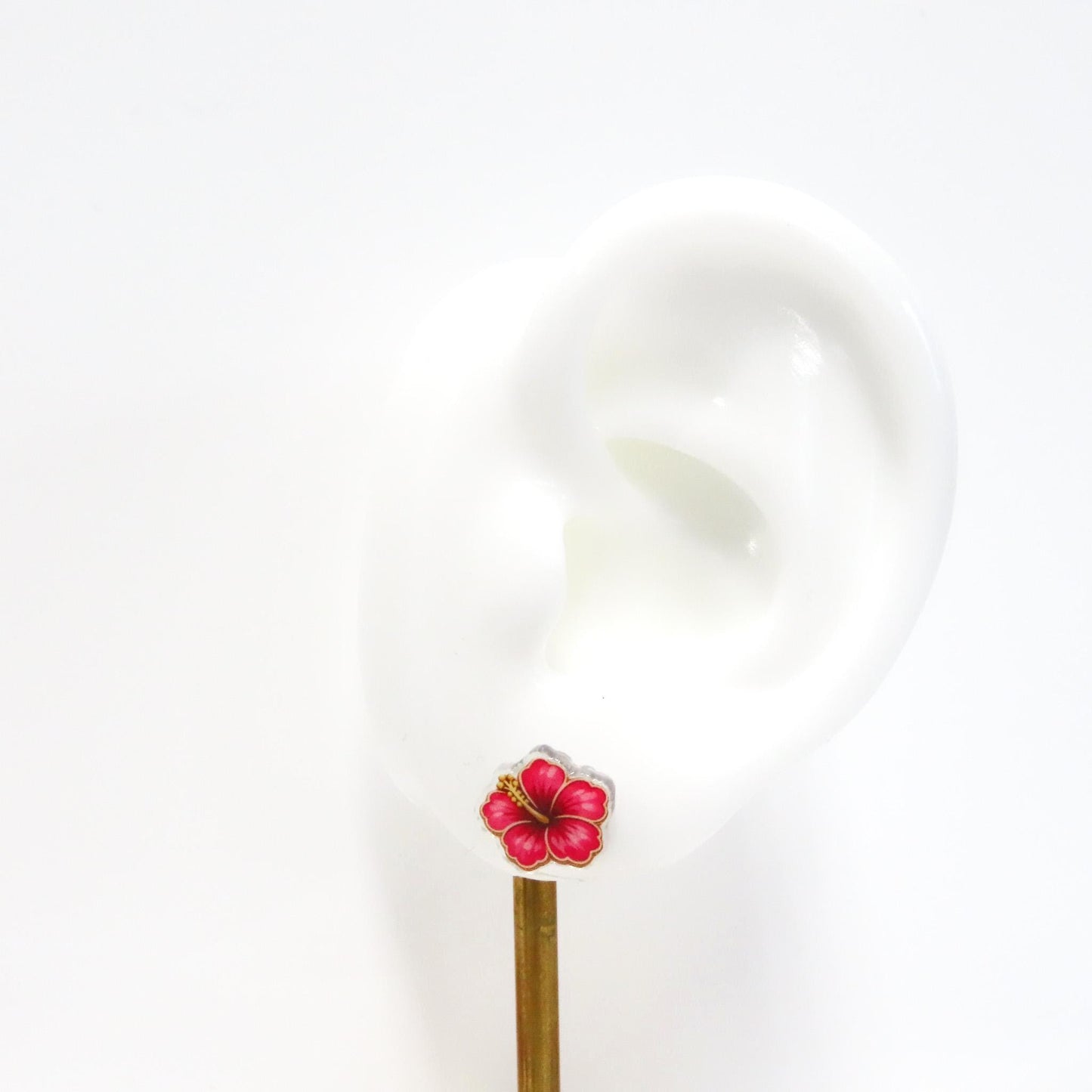 Pink Hibiscus Earrings, Tropical Flower Studs, Beach Vacation Jewelry, Hawaiian Summer