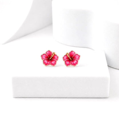 Pink Hibiscus Earrings, Tropical Flower Studs, Beach Vacation Jewelry, Hawaiian Summer