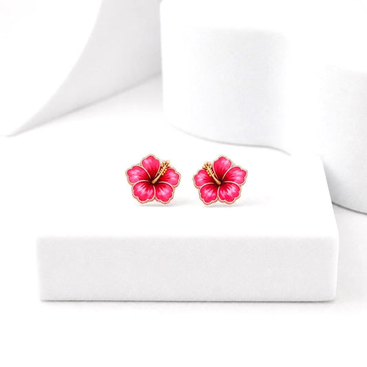 Pink Hibiscus Earrings, Tropical Flower Studs, Beach Vacation Jewelry, Hawaiian Summer