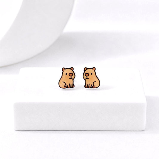 Capybara Earrings, Kawaii Animal Studs, Titanium Posts for Sensitive Ears